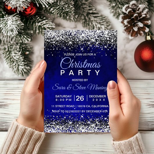 Invitation Joli bleu royal argent faux parties scintillant No