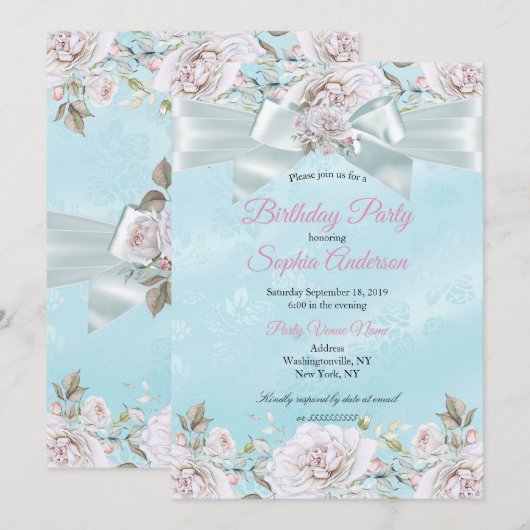 Invitation Joli Blue Floral Turquoise Rose rose fête d'annive (Devant / Derrière)