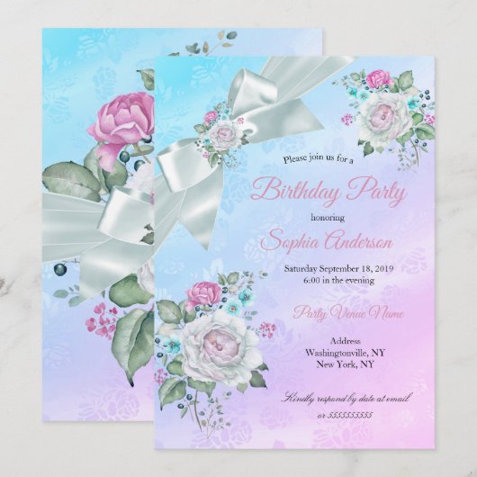 Invitation Joli Blue Floral Turquoise violet rose fête d'anni (Devant / Derrière)