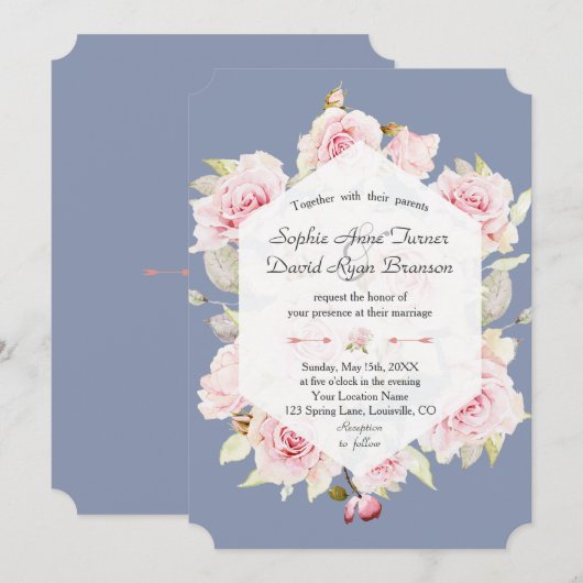 Invitation Joli Blush Floral géométrique Dusty Mariage bleu (Devant / Derrière)