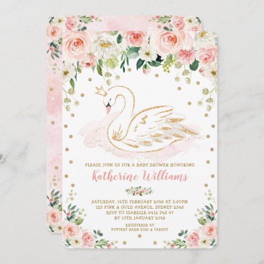 Invitation Joli Blush Floral Swan Princess Baby shower fille (Devant / Derrière)
