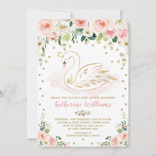 Invitation Joli Blush Floral Swan Princess Baby shower fille (Devant)