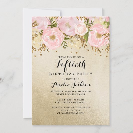 Invitation Joli Blush or rose floral 50e anniversaire (Devant)