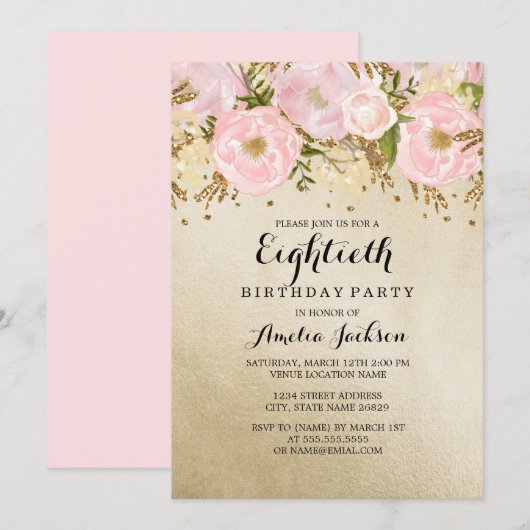 Invitation Joli Blush or rose floral 80e anniversaire (Devant / Derrière)
