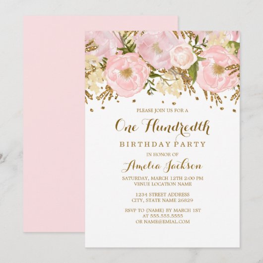 Invitation Joli Blush Pink Gold Floral 100e anniversaire (Devant / Derrière)