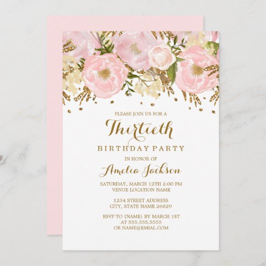 Invitation Joli Blush Pink Gold Floral 30e anniversaire (Devant / Derrière)