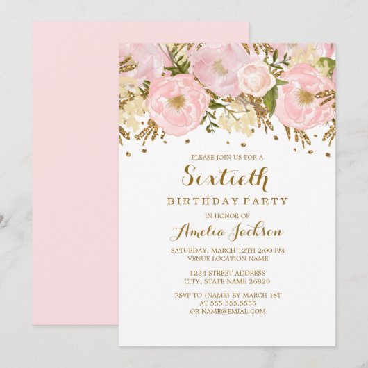 Invitation Joli Blush Pink Gold Floral 60e anniversaire (Devant / Derrière)