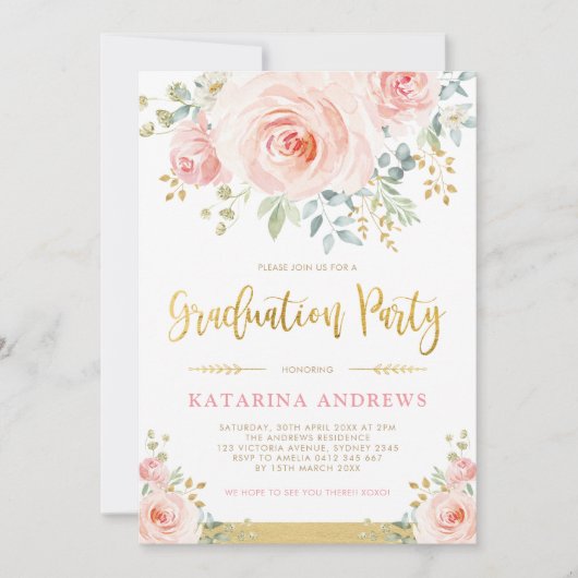 Invitation Joli Blush Pink Gold Floral Party de graduation (Devant)