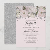 Invitation Joli Blush rose argent floral 40e anniversaire (Devant / Derrière)