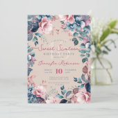 Invitation Joli Boho Blue Garden Floral Sweet 16 Champagne (Debout devant)