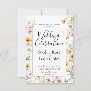 Invitation Joli Boho Orange rose Aquarelle Fleurs sauvages