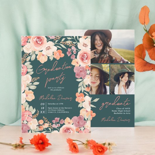 Invitation Joli boho rustique floral turquoise 3 photos gradu