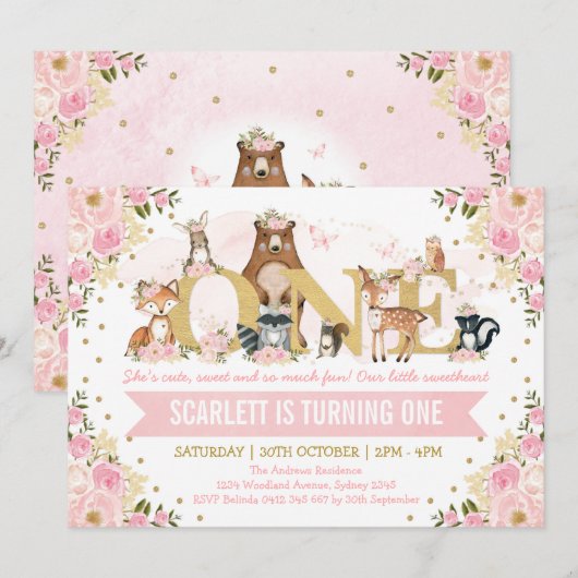 Invitation Joli Bois Animaux Blush Gold 1er Anniversaire (Devant / Derrière)
