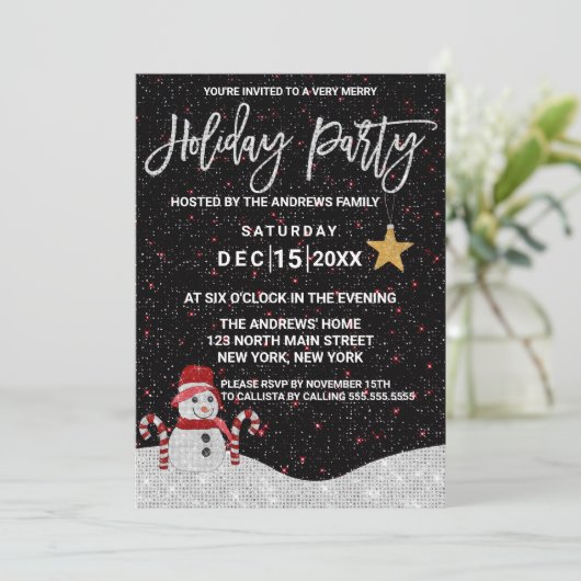 Invitation Joli Bonhomme de Neige Blanc Rouge Ciel Nocturne P (Debout devant)