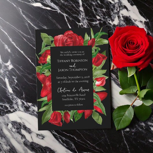 Invitation Joli Bouquet Floral Rouge Mariage noir