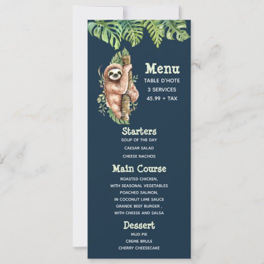Invitation Joli brun Sloth & Tropical Feuille Watercolor Menu (Devant)