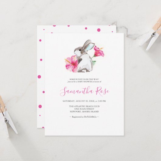 Invitation Joli Bunny Baby shower fille rose (Devant/Arrière en situation)