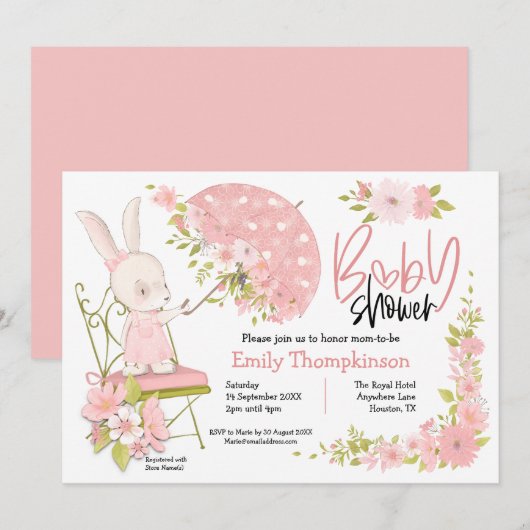 Invitation Joli Bunny Fleurs Parapluies Baby shower fille (Devant / Derrière)