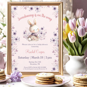 Invitation Joli Bunny rose violet Baby shower Floral Fille