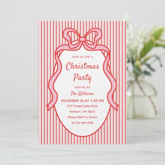 Invitation Joli cadre de Noël avec rayures rouges roses et nœ (Debout devant)