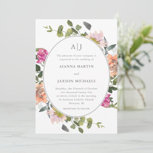 Invitation Joli cadre fleuri avec Mariage verdoyant (Debout devant)