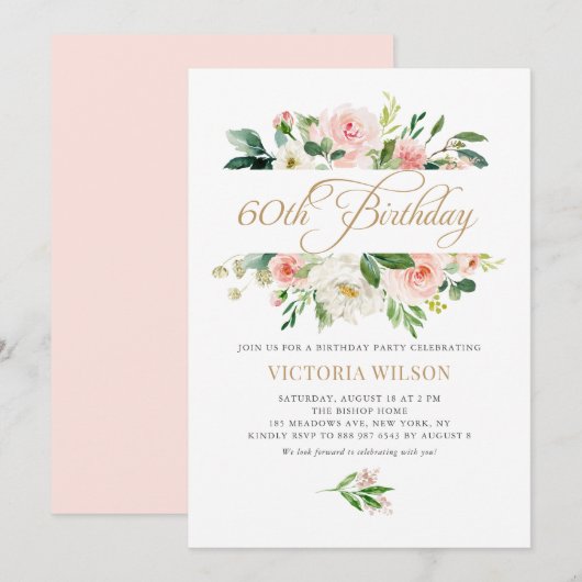 Invitation Joli cadre floral Peony Blush 60e anniversaire (Devant / Derrière)