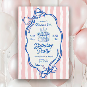 Invitation Joli cadre gribouillé rose et noeuds pour 5ème ann