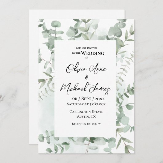 Invitation Joli cadre verdoyant Eucalyptus Mariage moderne (Devant / Derrière)
