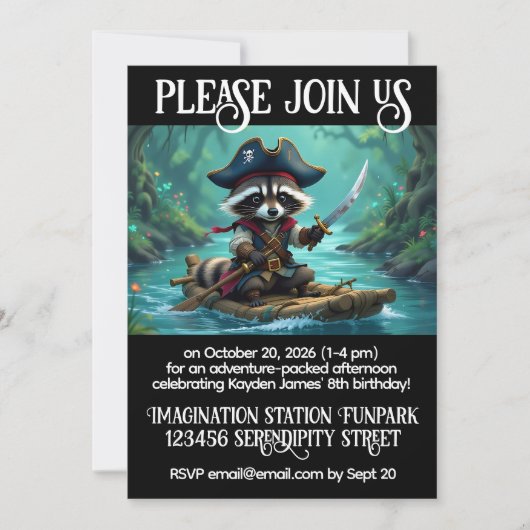 Invitation Joli Capitaine Raccoon Rafting Boys Anniversaire (Devant)