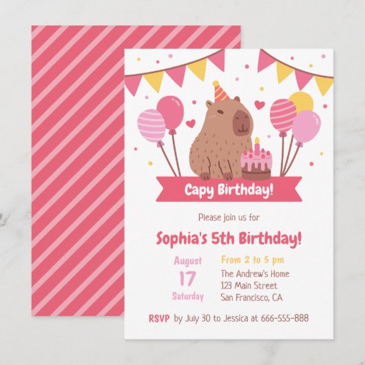 Invitation Joli Capybara Avec Gâteau D'anniversaire Capy Anni (Devant / Derrière)