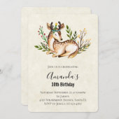 Invitation Joli Cerf Aquarellé Se Pose À L'Anniversaire (Devant / Derrière)