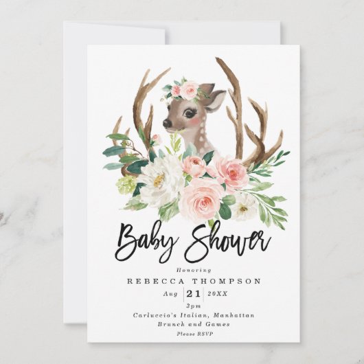 Invitation joli cerf baby shower fleuri rustique moderne (Devant)
