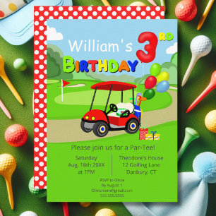 Invitation Joli chariot de golf rouge pour garçon de 3 ans