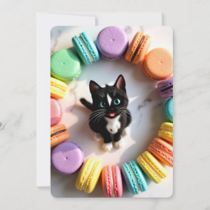 Invitation Joli Chat d'Anniversaire avec Macarons Colorés – S