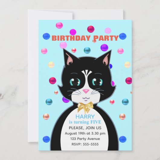Invitation Joli chat en smoking pour anniversaire et confetti (Devant)