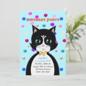 Invitation Joli chat en smoking pour anniversaire et confetti (Debout devant)