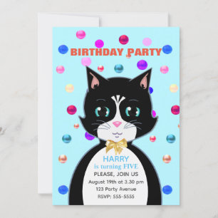 Invitation Joli chat en smoking pour anniversaire et confetti