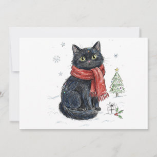 Invitation Joli chat noir au foulard rouge arbre de Noël hive