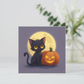 Invitation Joli chat noir avec citrouille sculptée lumineuse (Debout devant)