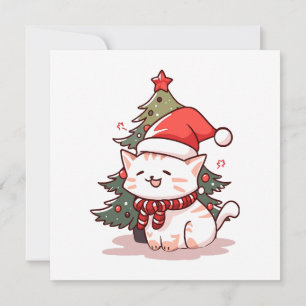 Invitation Joli chat portant un chapeau de Père Noël près de
