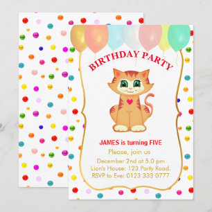 Invitation Joli chat tabby, ballons et confettis d'anniversai
