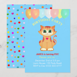 Invitation Joli chat tabby, ballons et confettis d'anniversai