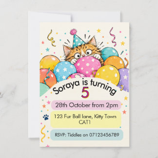 Invitation Joli chat tabby qui regarde les ballons Confettis