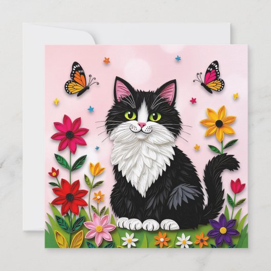 Invitation Joli chaton rose dans les fleurs (Devant)