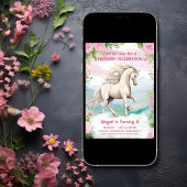 Invitation Joli Cheval blanc et Fleurs roses Anniversaire