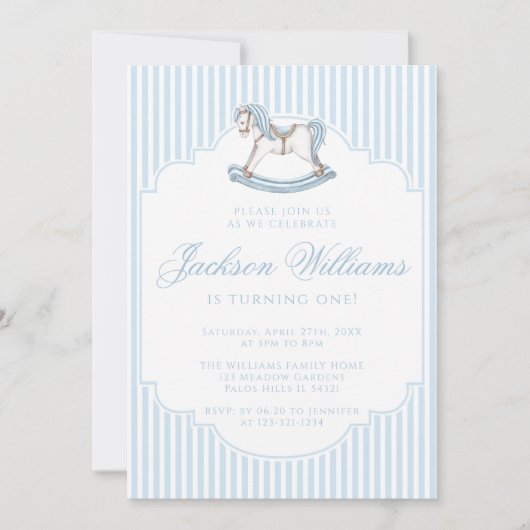 Invitation Joli cheval bleu rocking stipé boho garçon d'anniv (Devant)