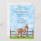 Invitation Joli cheval Brown, clôture et fleurs Anniversaire (Devant)