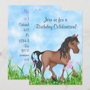 Invitation Joli cheval Brown et papillons Anniversaire