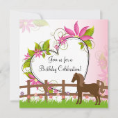 Invitation Joli Cheval Brown, Fleurs et Coeur Anniversaire (Devant)