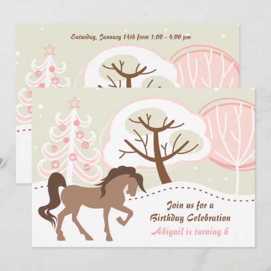 Invitation Joli Cheval Brown Pink Winter Anniversaire (Devant / Derrière)